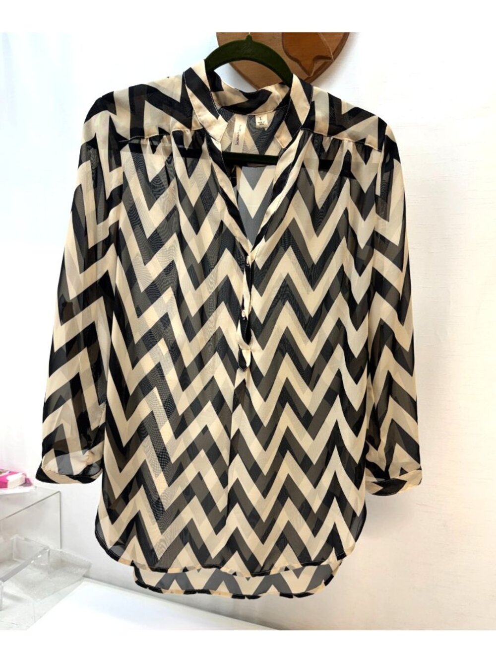Womans Large Chevron Stripe Blouse - button Roll sleeve